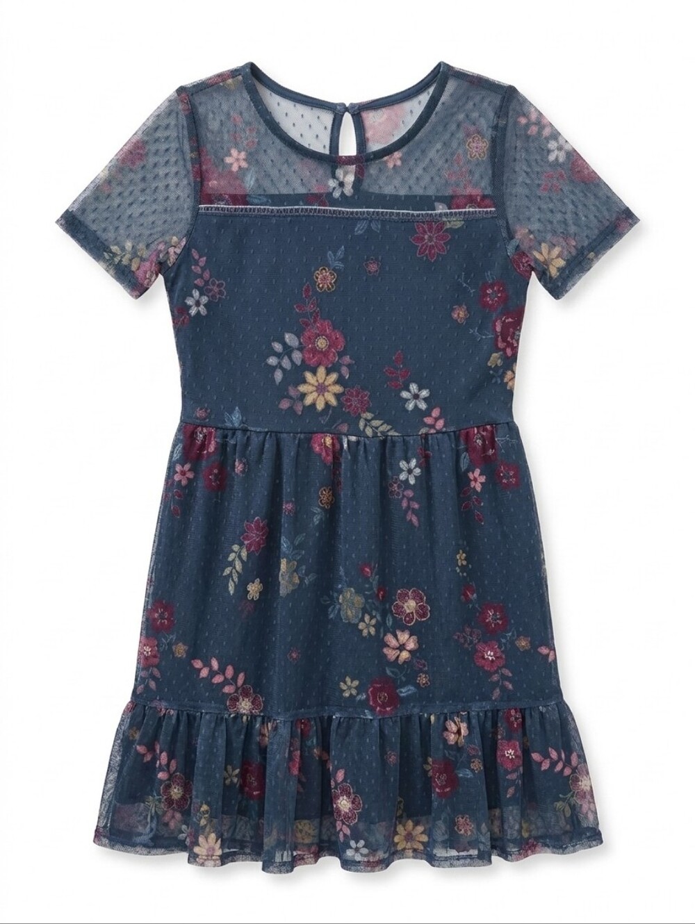 True Craft Navy Blue Floral Mesh Dress w/Flowers & Yellow Accents Girls Size M